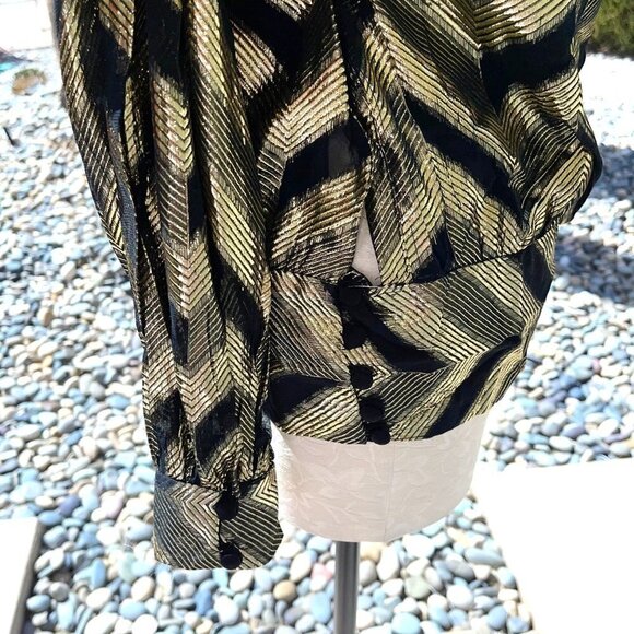 Rimini Top Womens Vintage Rayon Metallic Zig Zag Pattern Side Snap Gold Black - Picture 5 of 12
